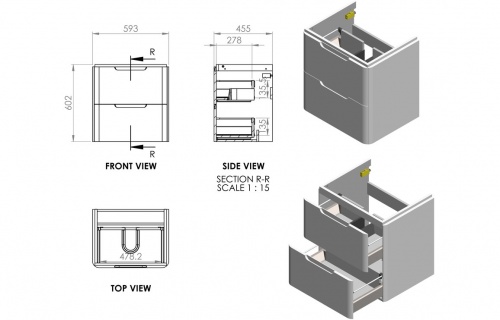 Bona 600mm 2 Drawer Wall Hung Basin Unit - Matt Sage Green