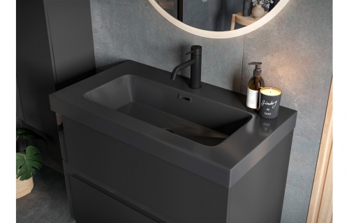 Swedish 805 Wall Hung 2 Drawer Basin Unit & Co-ordinating Basin - Matt Black & Glass